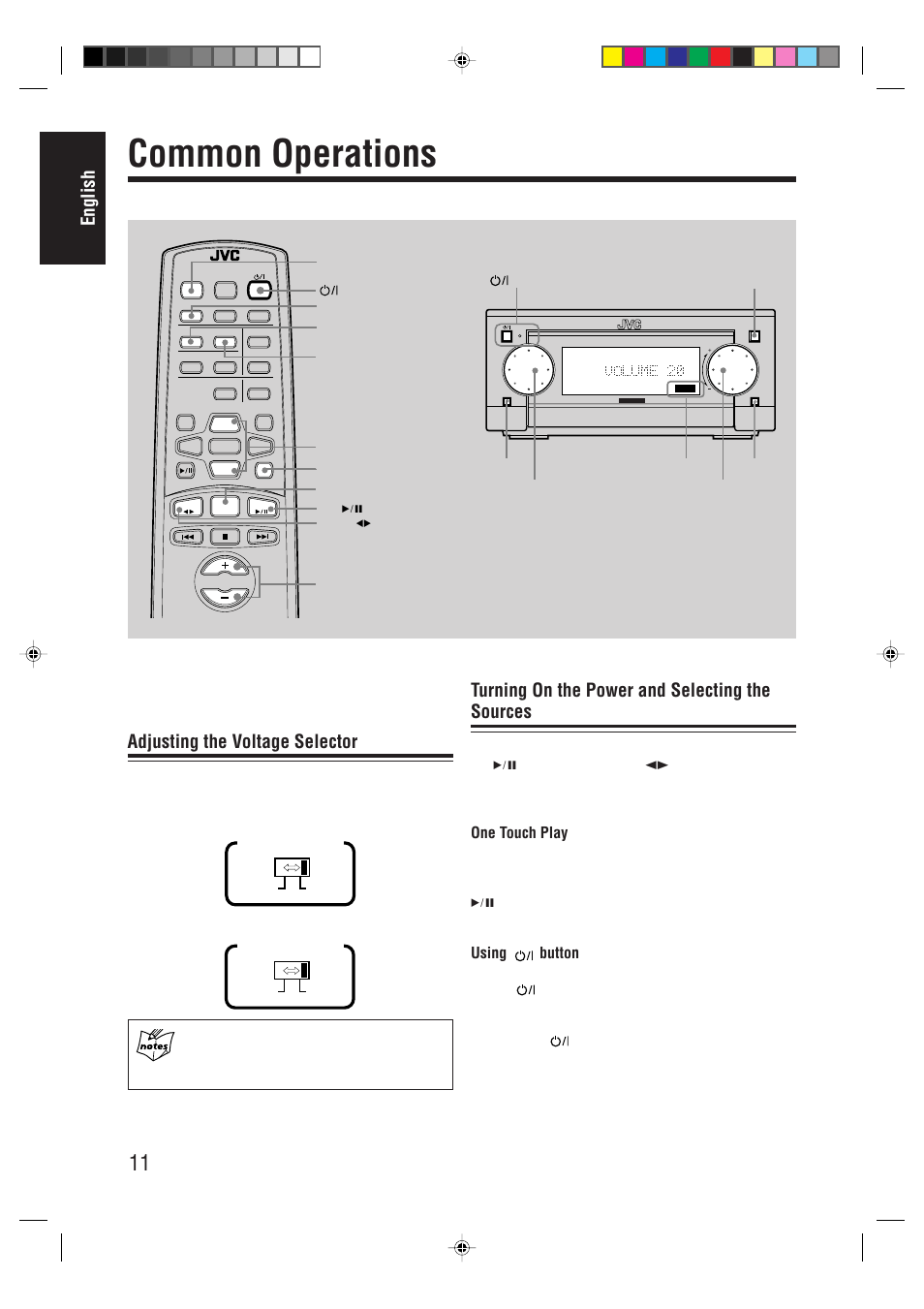 Common operations, English, Adjusting the voltage selector | Turning on the power and selecting the sources, One touch play, Using button | JVC AX-UXG66 User Manual | Page 16 / 38