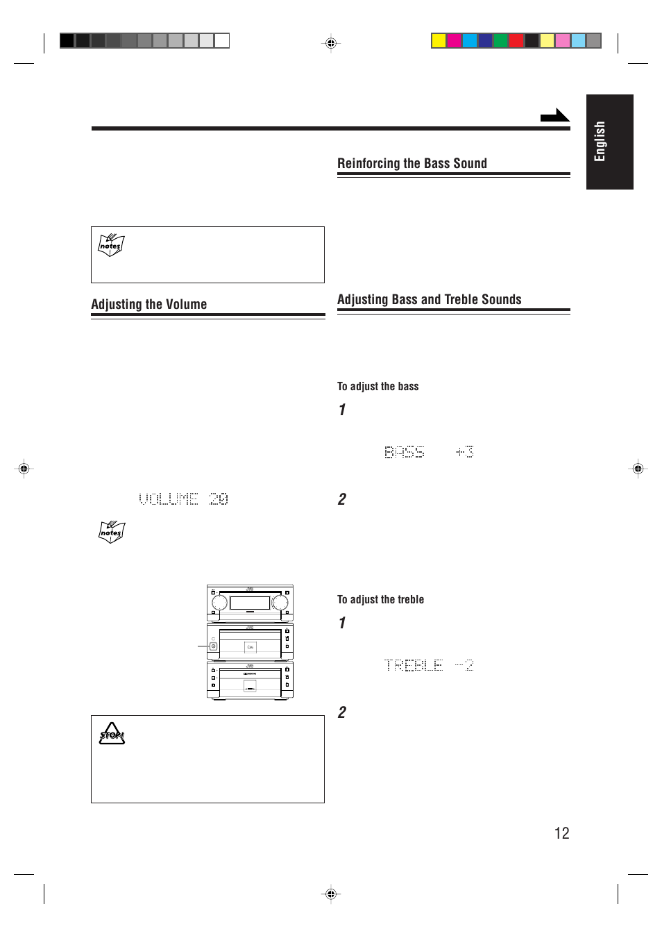 English, Adjusting the volume, Reinforcing the bass sound | Adjusting bass and treble sounds | JVC AX-UXG66 User Manual | Page 17 / 38