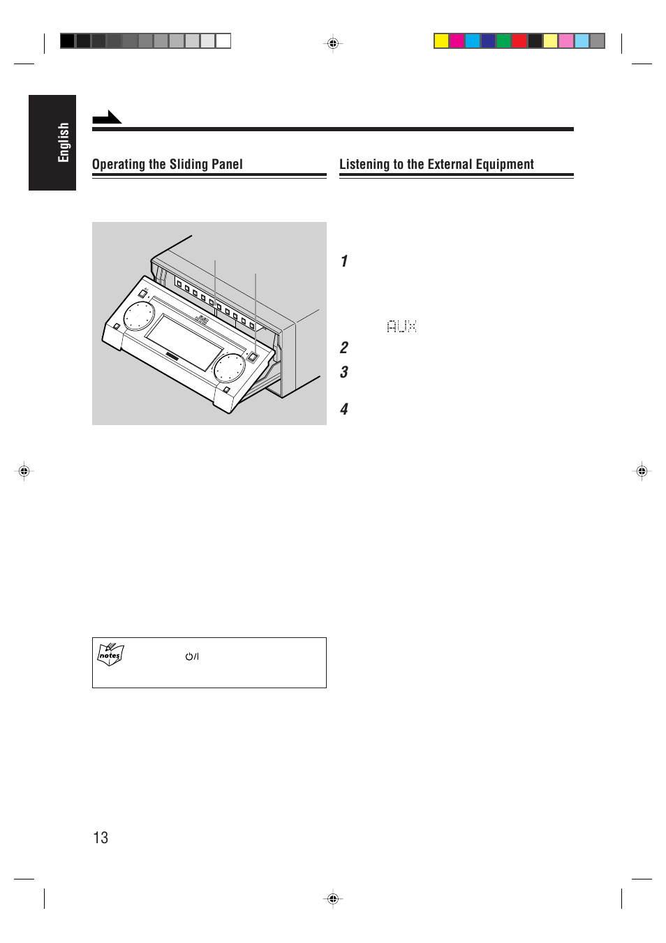 English operating the sliding panel, Listening to the external equipment, Start playing back the external equipment | Apply other sound effects, if you wish, Inner buttons open/close | JVC AX-UXG66 User Manual | Page 18 / 38