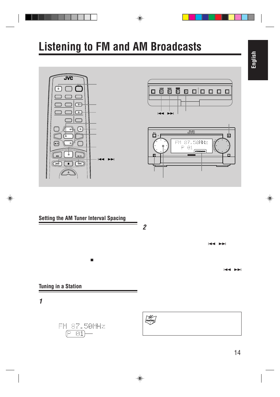 Listening to fm and am broadcasts, English, Setting the am tuner interval spacing | Tuning in a station | JVC AX-UXG66 User Manual | Page 19 / 38