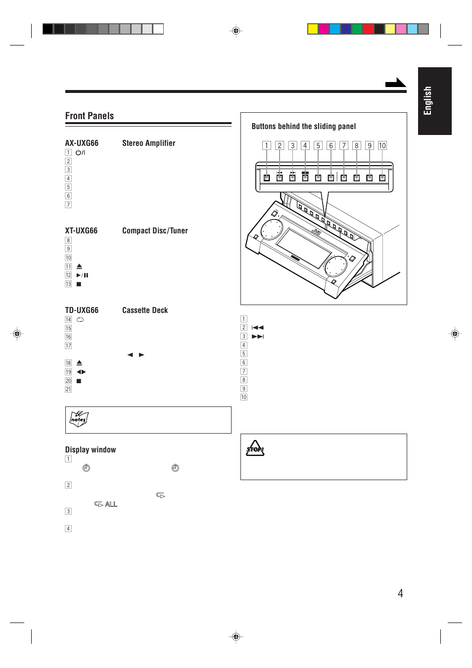 English front panels, Ax-uxg66 stereo amplifier, Xt-uxg66 compact disc/ tuner | Td-uxg66 cassette deck, Display window, Buttons behind the sliding panel | JVC AX-UXG66 User Manual | Page 9 / 38