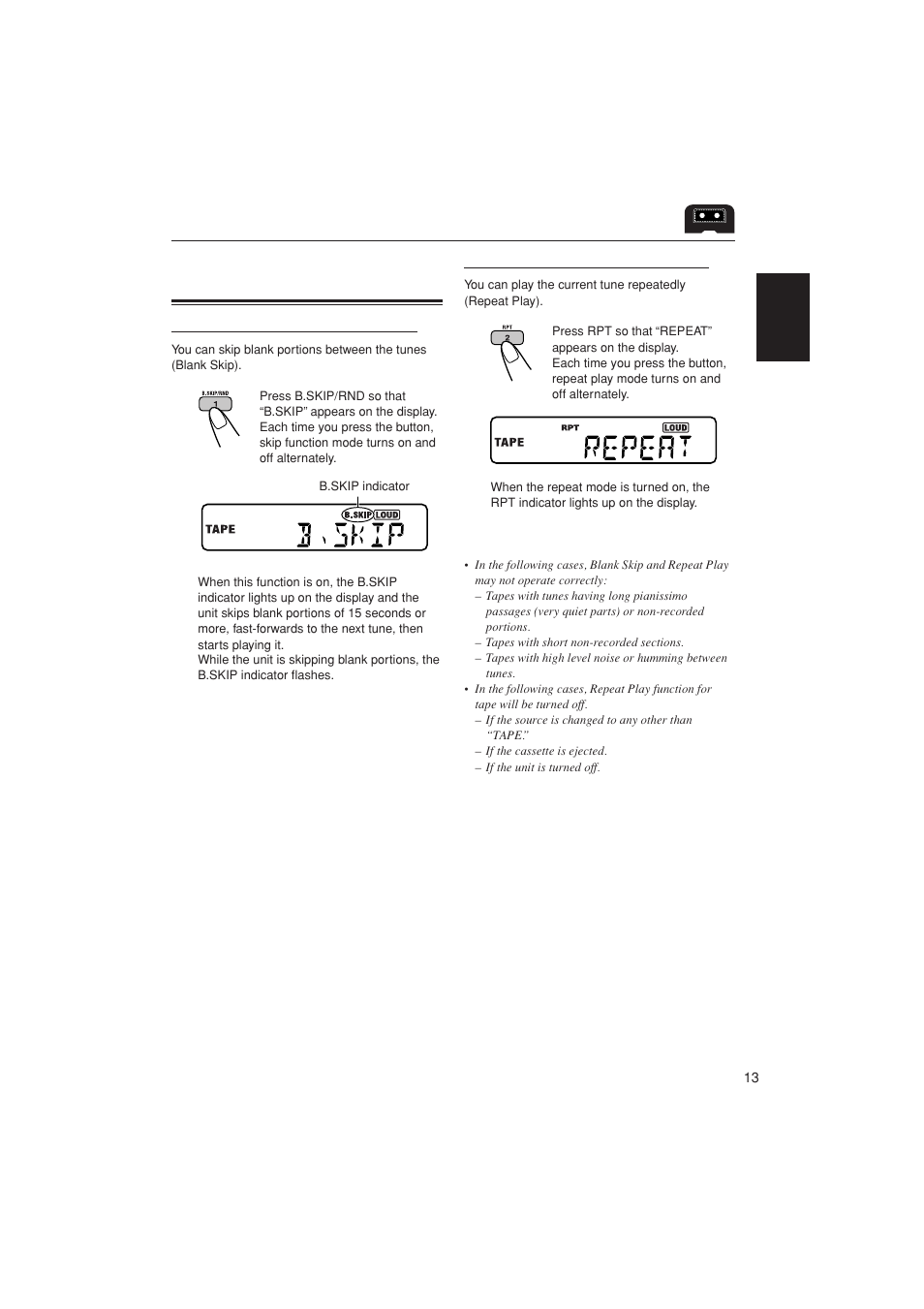 Other convenient tape functions, Skipping blank portions on the tape, Playing the current tune repeatedly | JVC LVT1139-002A User Manual | Page 13 / 24