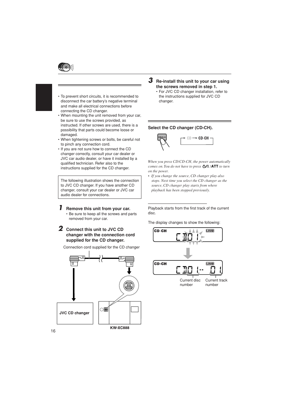 Connecting the cd changer, Playing discs | JVC LVT1139-002A User Manual | Page 16 / 24