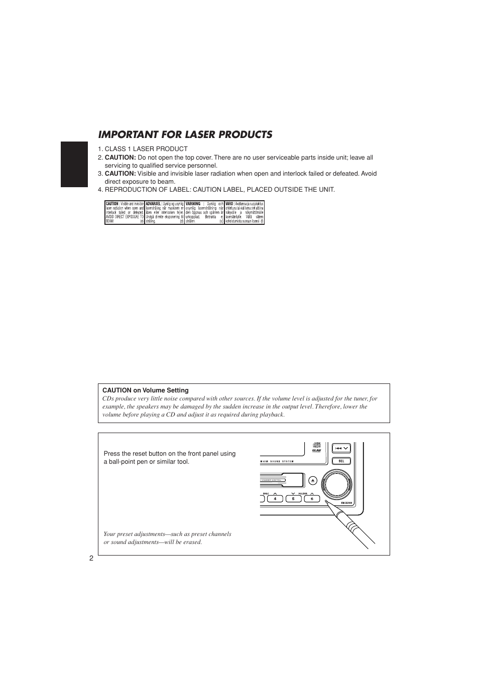 Important for laser products, How to reset your unit | JVC LVT1139-002A User Manual | Page 2 / 24