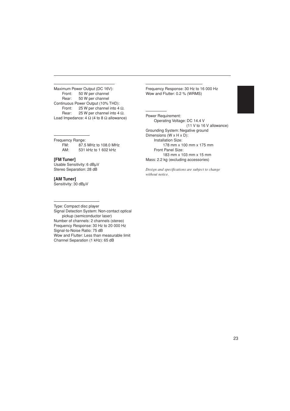 Specifications, General | JVC LVT1139-002A User Manual | Page 23 / 24