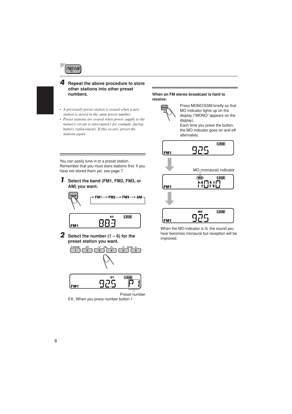 Selecting fm reception mode, Tuning in to a preset station | JVC LVT1139-002A User Manual | Page 8 / 24