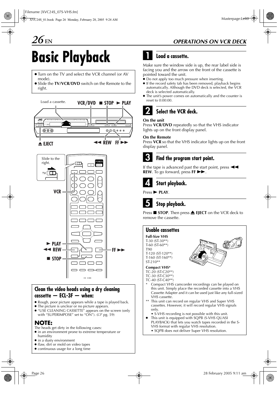 Operations on vcr deck, Basic playback | JVC HR-XVC24S User Manual | Page 26 / 76