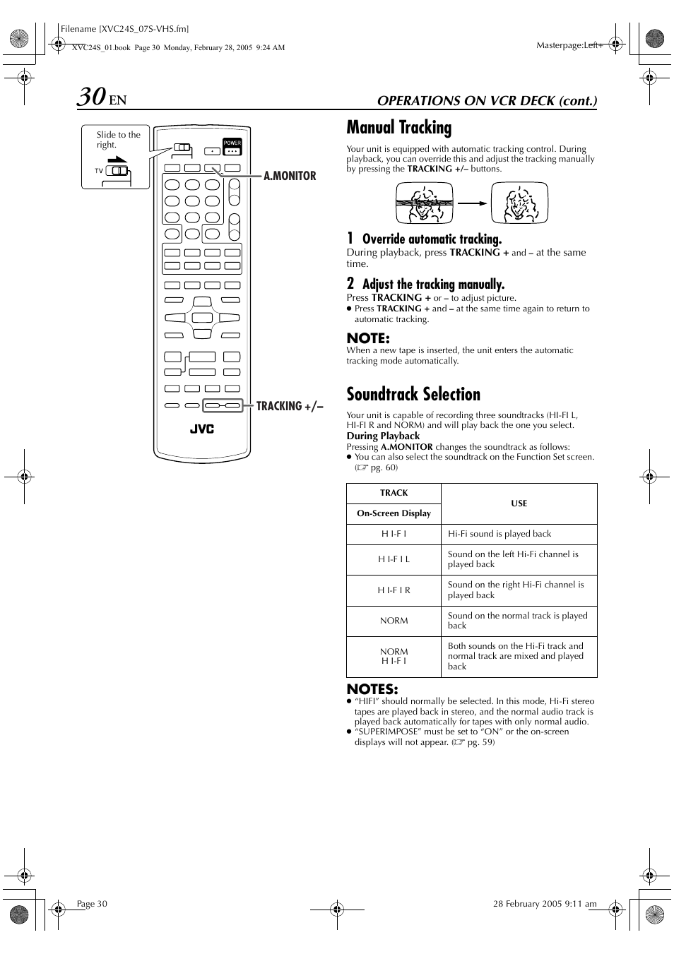 Manual tracking, Soundtrack selection, Operations on vcr deck (cont.) | Override automatic tracking, Adjust the tracking manually | JVC HR-XVC24S User Manual | Page 30 / 76