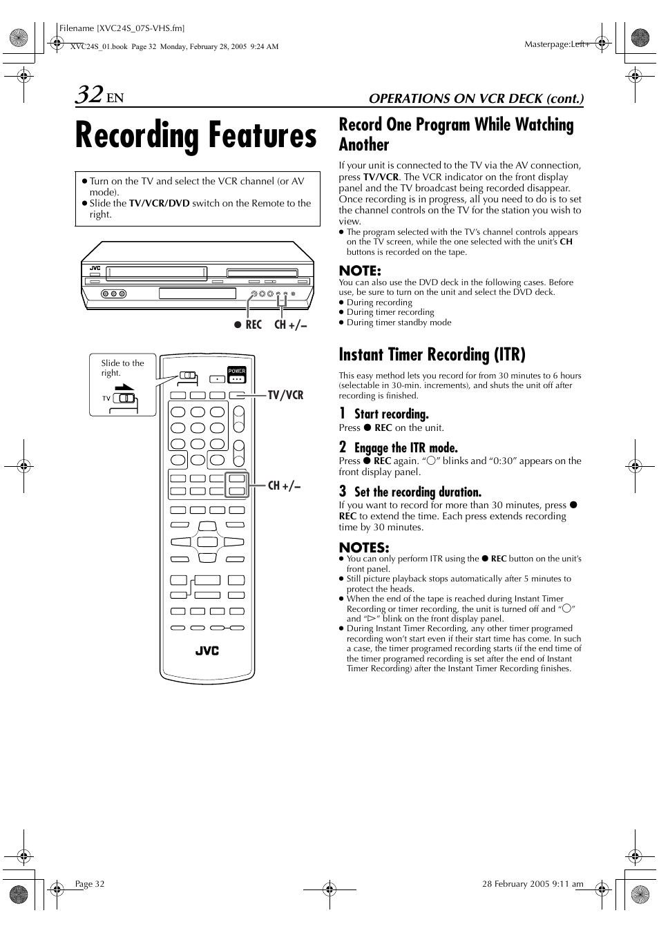 Recording features, Record one program while watching another, Instant timer recording (itr) | JVC HR-XVC24S User Manual | Page 32 / 76