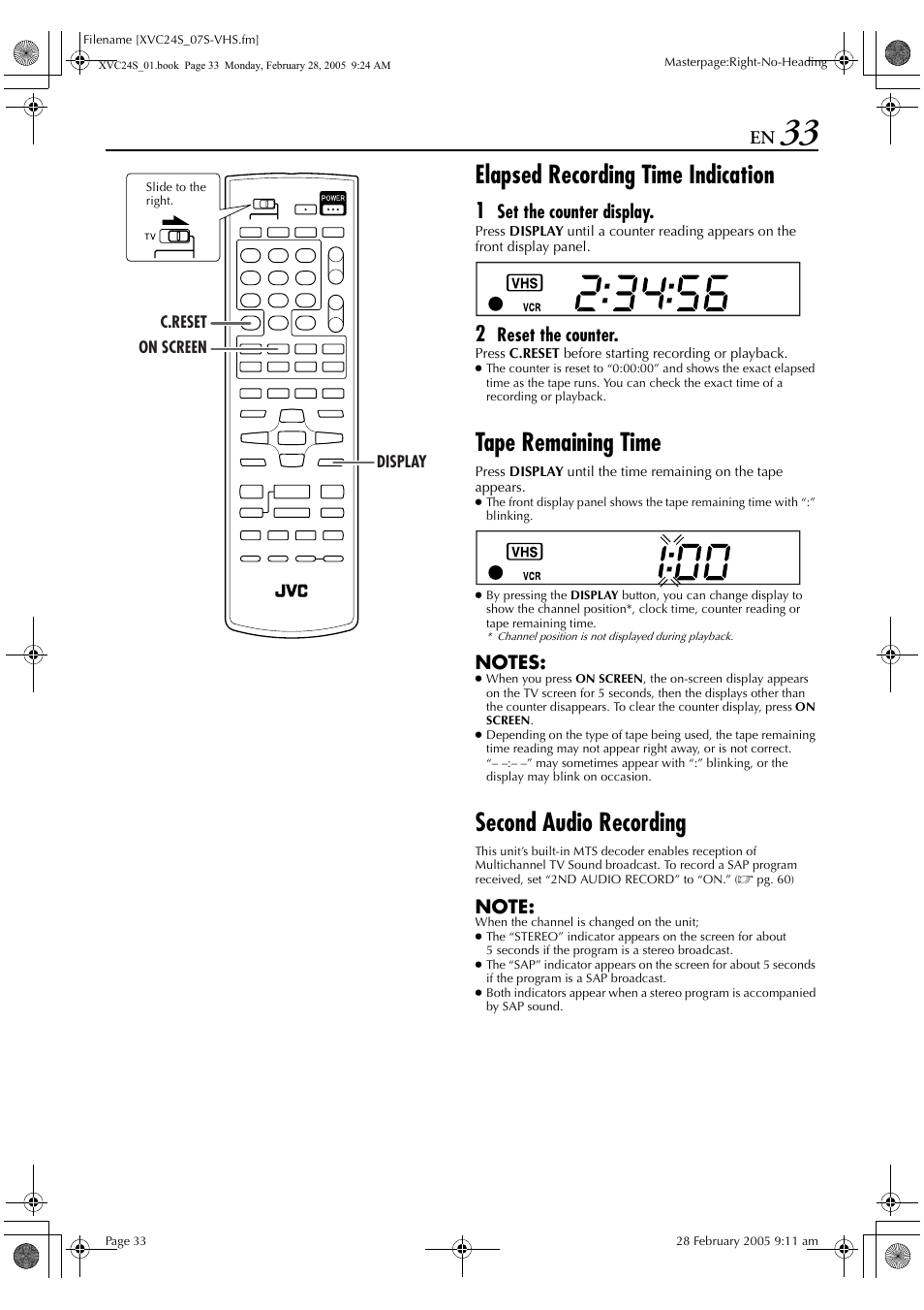 Elapsed recording time indication, Tape remaining time, Second audio recording | Set the counter display, Reset the counter | JVC HR-XVC24S User Manual | Page 33 / 76