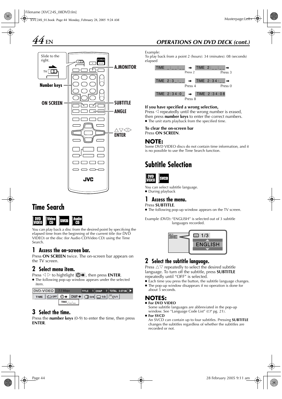 Time search, Subtitle selection, Operations on dvd deck (cont.) | Access the on-screen bar, Select menu item, Select the time, Access the menu, Select the subtitle language | JVC HR-XVC24S User Manual | Page 44 / 76