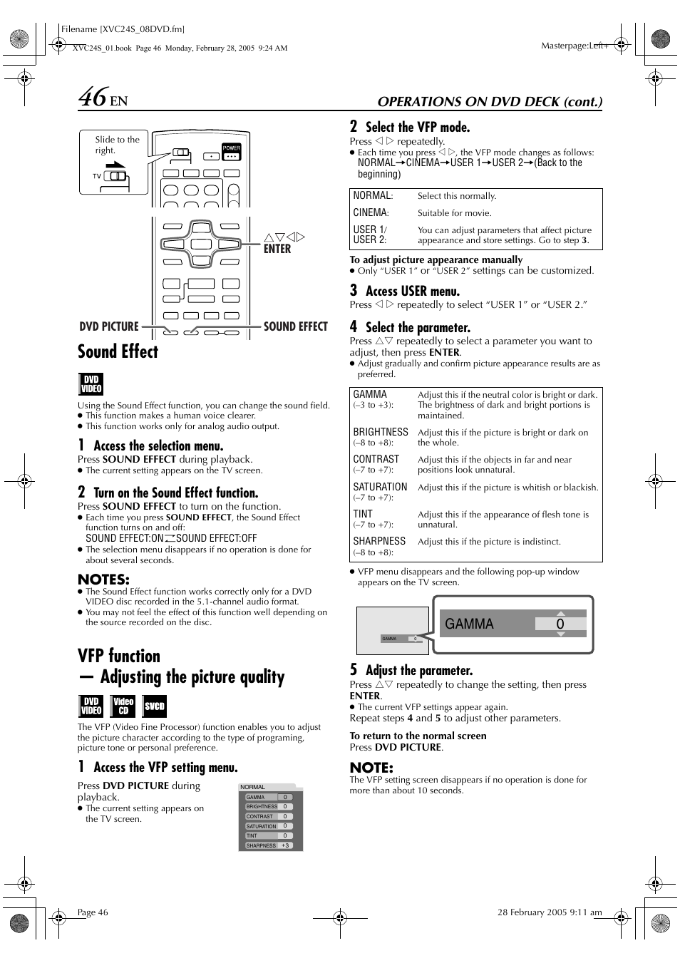 Sound effect, Vfp function — adjusting the picture quality, 0gamma | Operations on dvd deck (cont.), Access the selection menu, Turn on the sound effect function, Access the vfp setting menu, Select the vfp mode, Access user menu, Select the parameter | JVC HR-XVC24S User Manual | Page 46 / 76