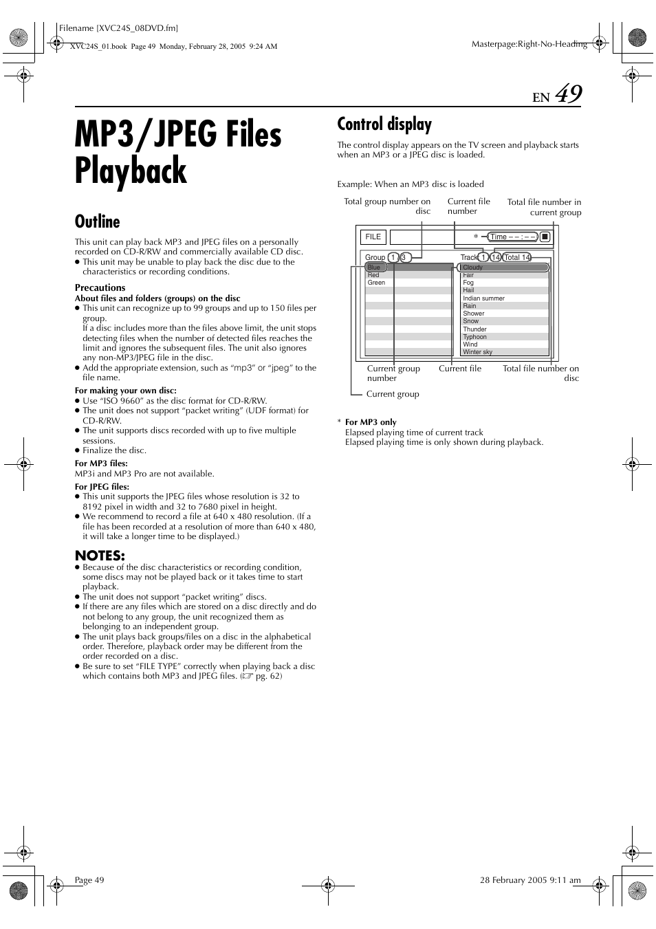 Mp3/jpeg files playback, Outline, Control display | JVC HR-XVC24S User Manual | Page 49 / 76