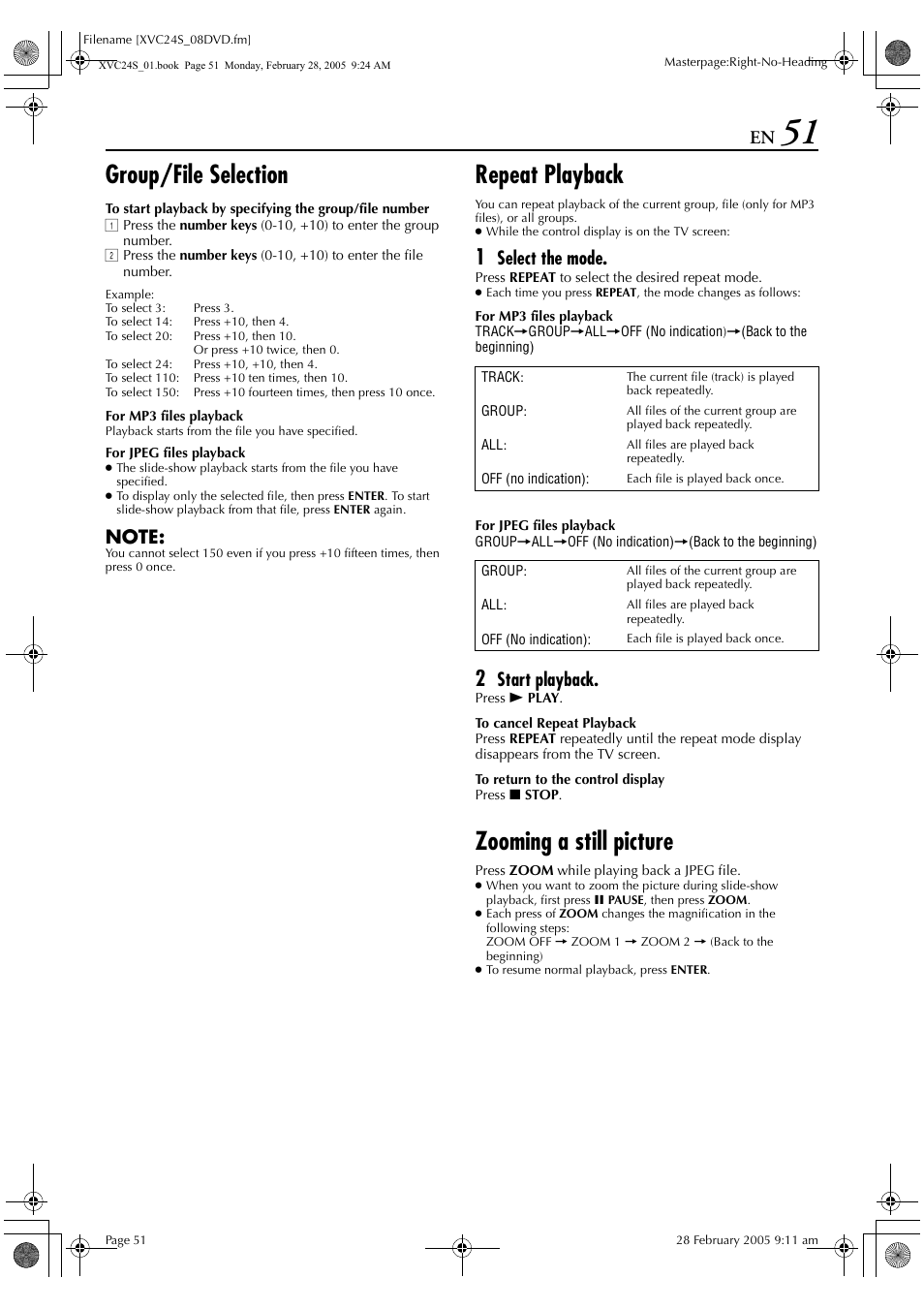 Group/file selection, Repeat playback, Zooming a still picture | Select the mode, Start playback | JVC HR-XVC24S User Manual | Page 51 / 76