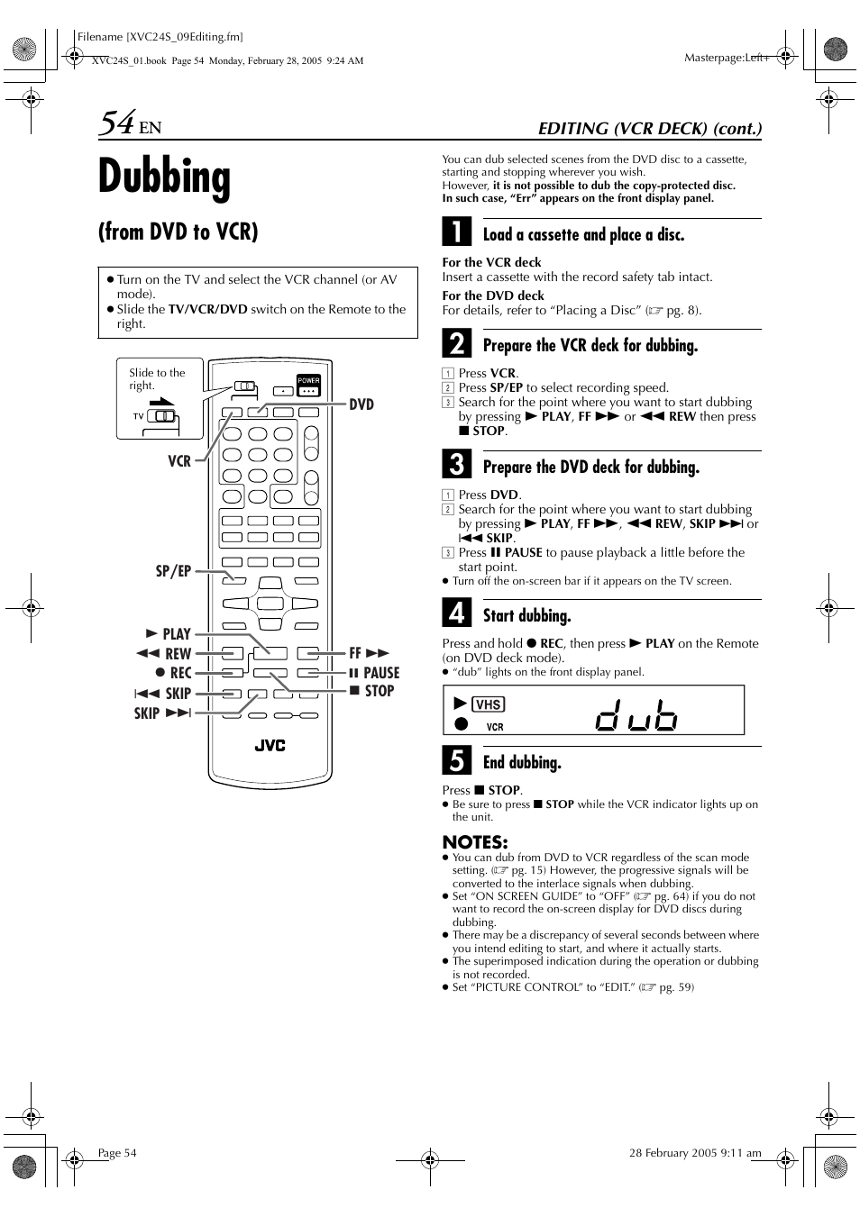 Dubbing (from dvd to vcr), Dubbing | JVC HR-XVC24S User Manual | Page 54 / 76
