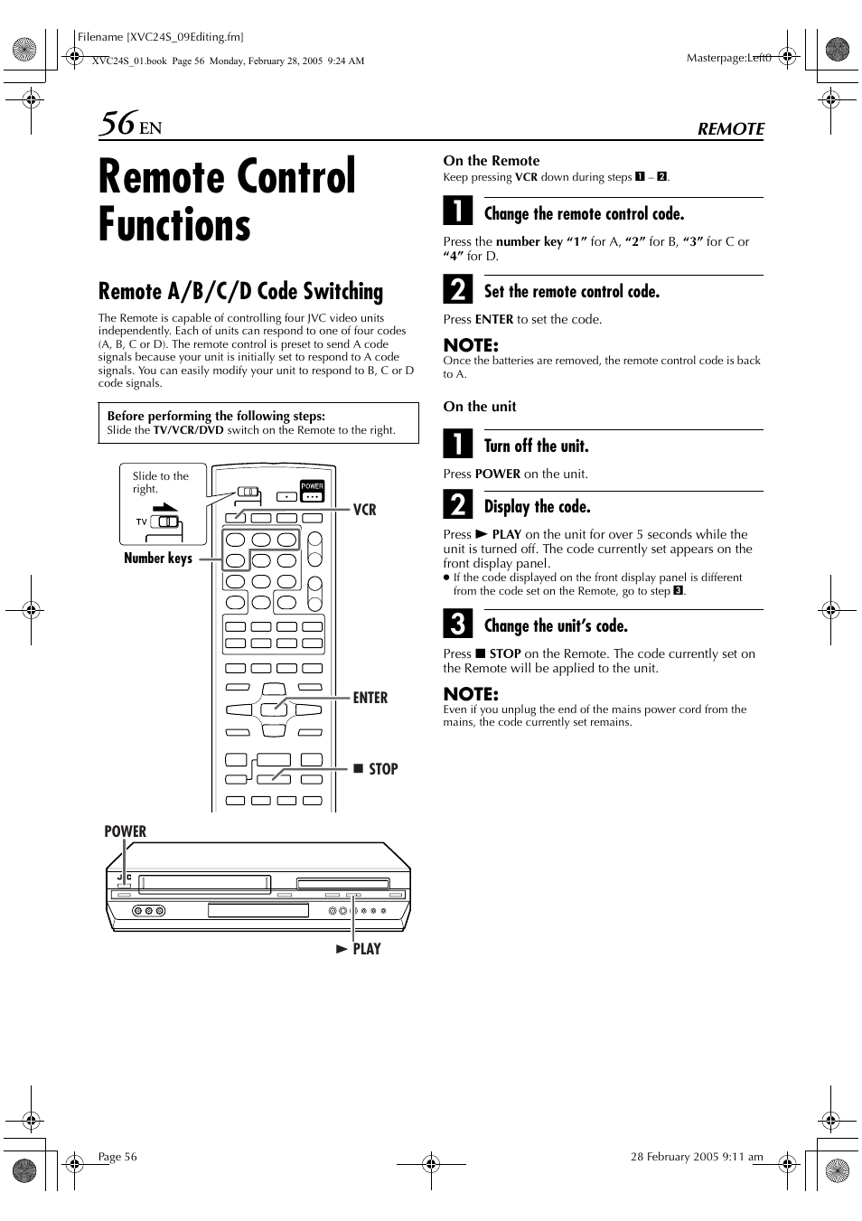 Remote, Remote control functions, Remote a/b/c/d code switching | JVC HR-XVC24S User Manual | Page 56 / 76
