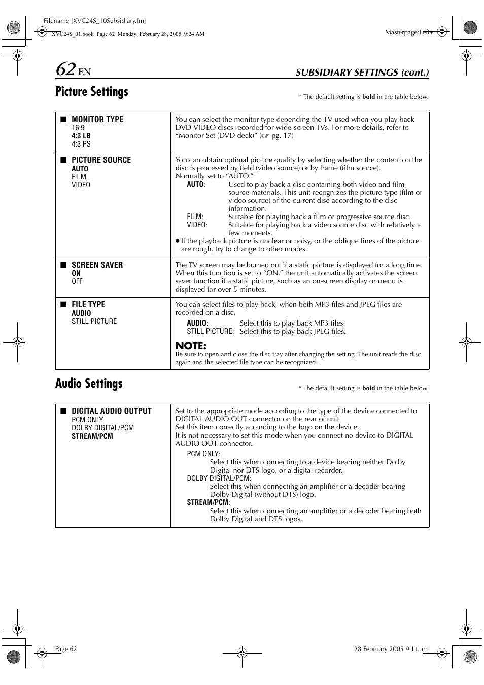 Picture settings, Audio settings, Subsidiary settings (cont.) | JVC HR-XVC24S User Manual | Page 62 / 76