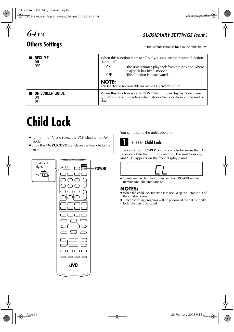 Child lock, Others settings | JVC HR-XVC24S User Manual | Page 64 / 76