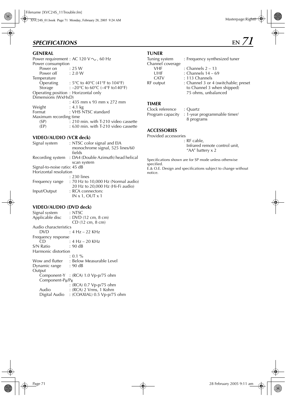 Specifications | JVC HR-XVC24S User Manual | Page 71 / 76