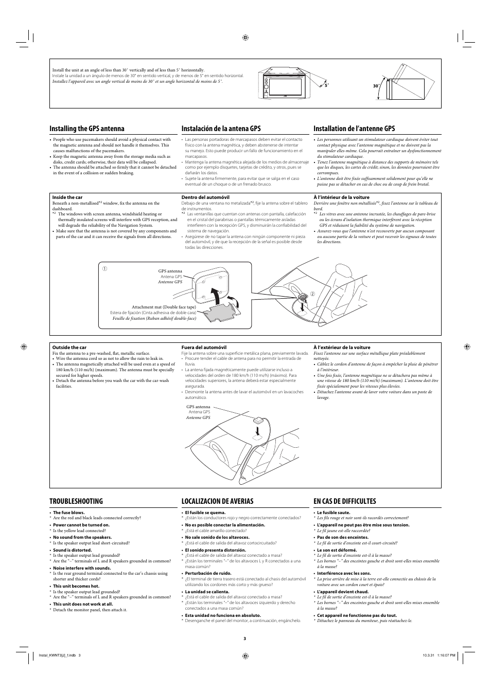 Installing the gps antenna, Troubleshooting, Installation de l’antenne gps | Instalación de la antena gps, Localizacion de averias, En cas de difficultes | JVC 0410NSMMDWJEIN User Manual | Page 3 / 6