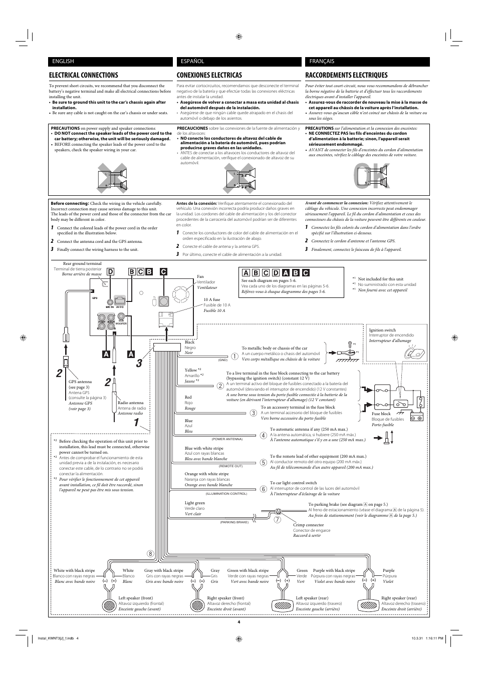 Electrical connections, Conexiones electricas, Raccordements electriques | JVC 0410NSMMDWJEIN User Manual | Page 4 / 6