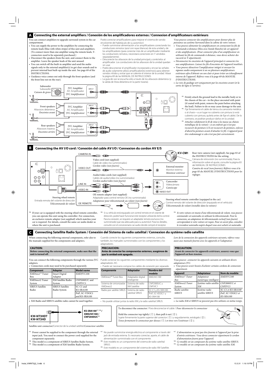 Connecting the external amplifiers, Connecting the av i/o cord, Connecting satellite radio system | JVC 0410NSMMDWJEIN User Manual | Page 6 / 6