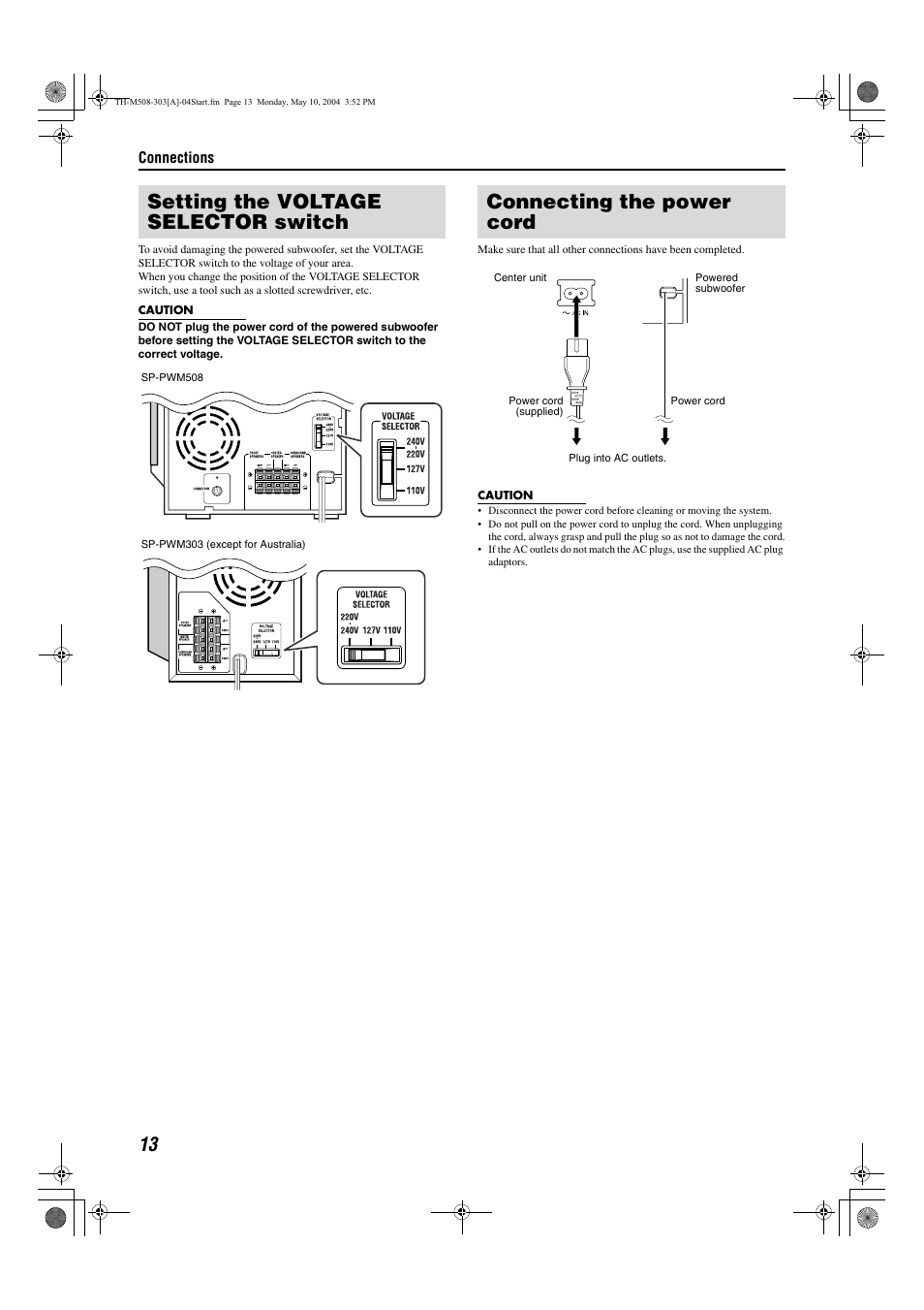 Setting the voltage selector switch, Connecting the power cord | JVC TH-M508 User Manual | Page 16 / 52
