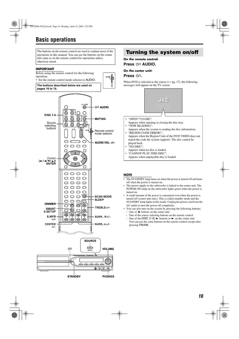 Basic operations, Turning the system on/off, Press f audio | Press f | JVC TH-M508 User Manual | Page 19 / 52