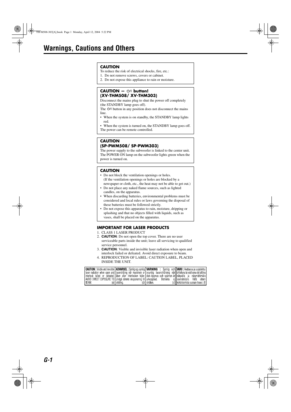 Warnings, cautions and others | JVC TH-M508 User Manual | Page 2 / 52