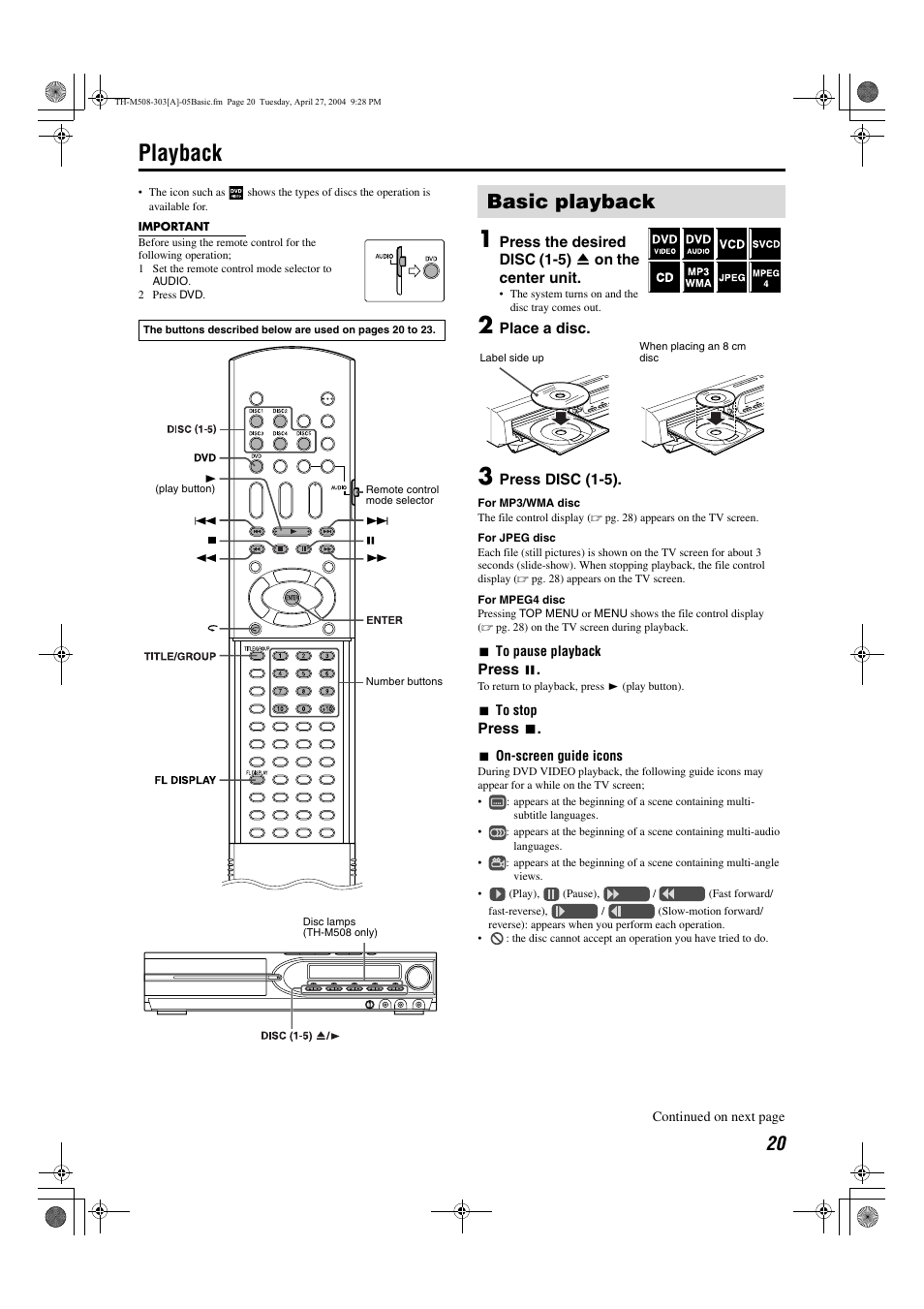 Playback, Basic playback | JVC TH-M508 User Manual | Page 23 / 52