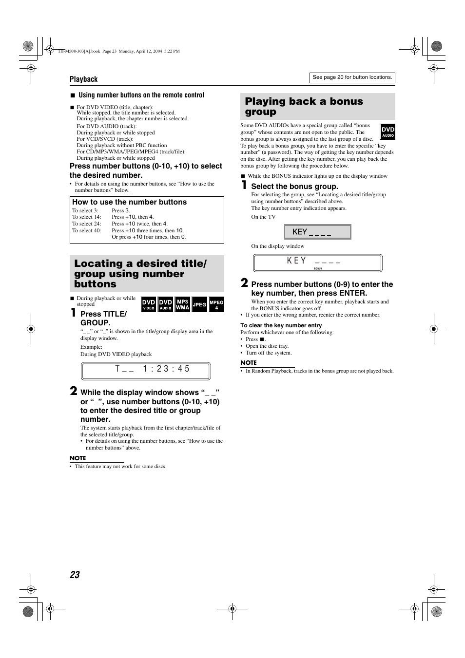 Playing back a bonus group, T : 2 3 : 4 5, K e y | JVC TH-M508 User Manual | Page 26 / 52