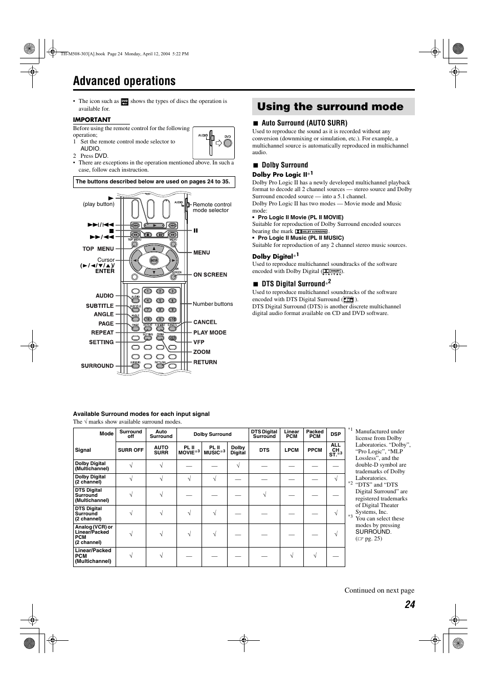 Advanced operations, Using the surround mode | JVC TH-M508 User Manual | Page 27 / 52