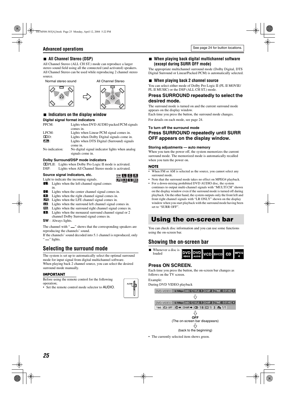 Using the on-screen bar, Selecting the surround mode, Showing the on-screen bar | JVC TH-M508 User Manual | Page 28 / 52