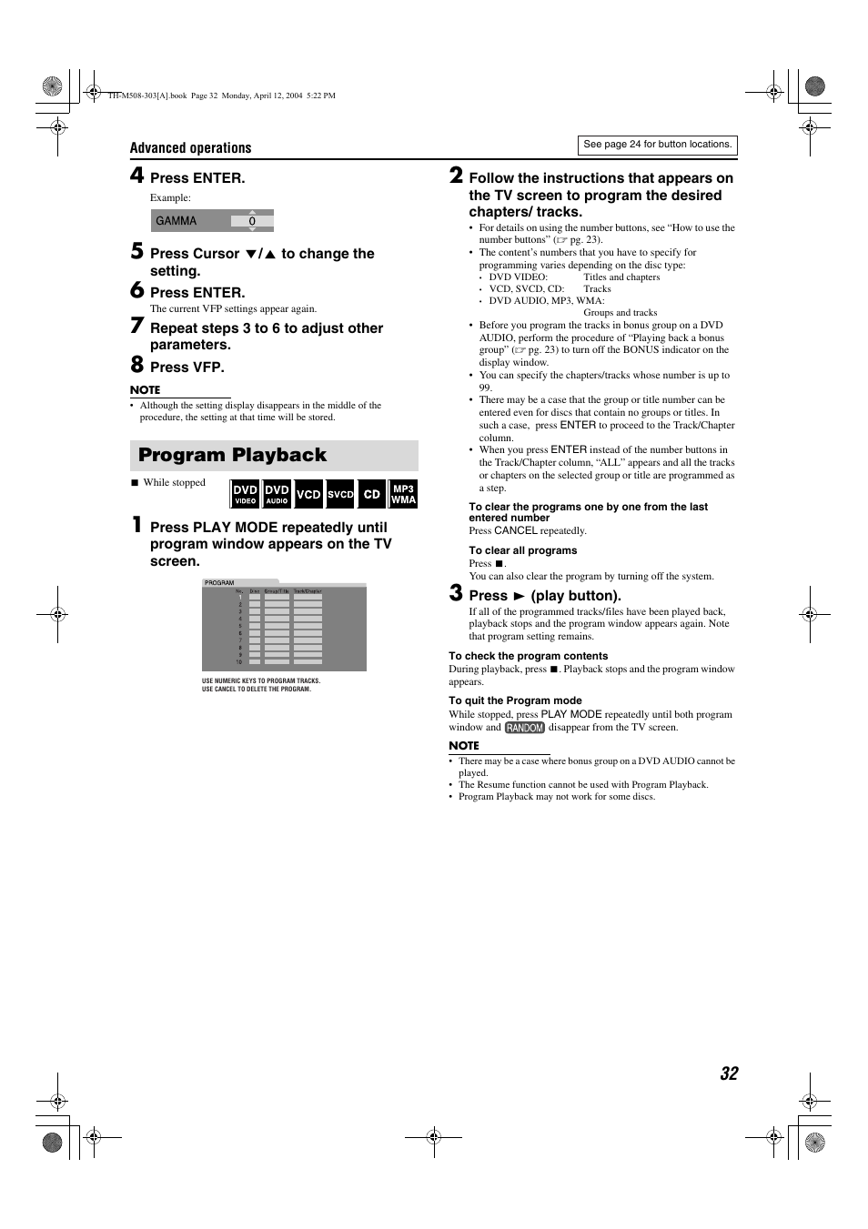 Program playback | JVC TH-M508 User Manual | Page 35 / 52
