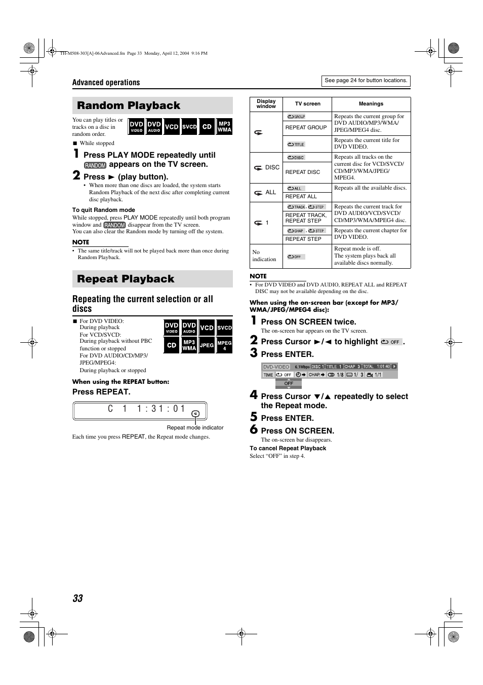 Random playback repeat playback, Repeating the current selection or all discs | JVC TH-M508 User Manual | Page 36 / 52
