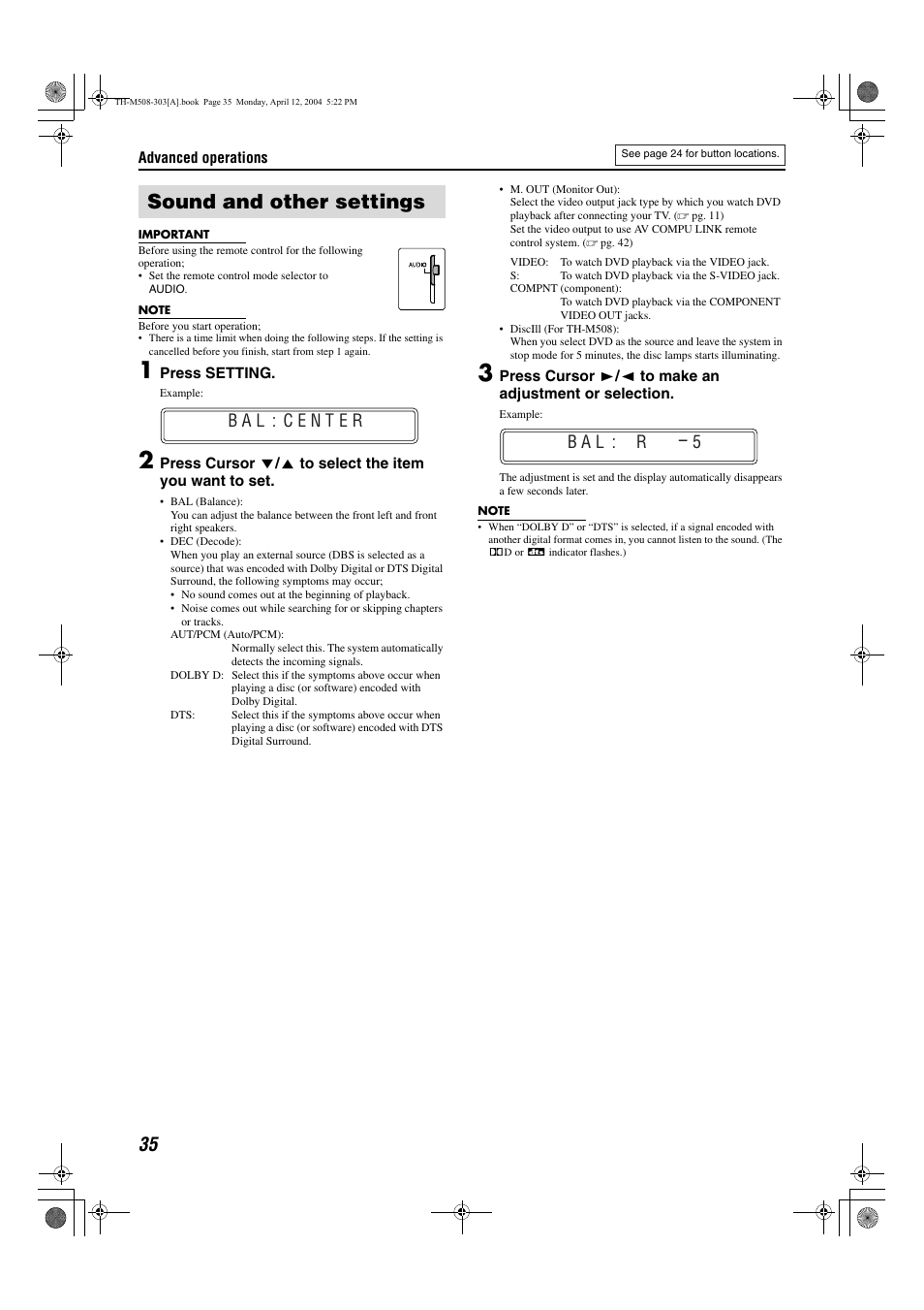 Sound and other settings | JVC TH-M508 User Manual | Page 38 / 52