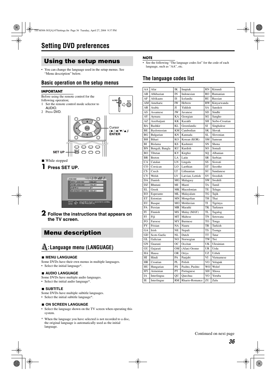 Setting dvd preferences, Using the setup menus menu description, Basic operation on the setup menus | Language menu (language), The language codes list, Press set up, Continued on next page | JVC TH-M508 User Manual | Page 39 / 52