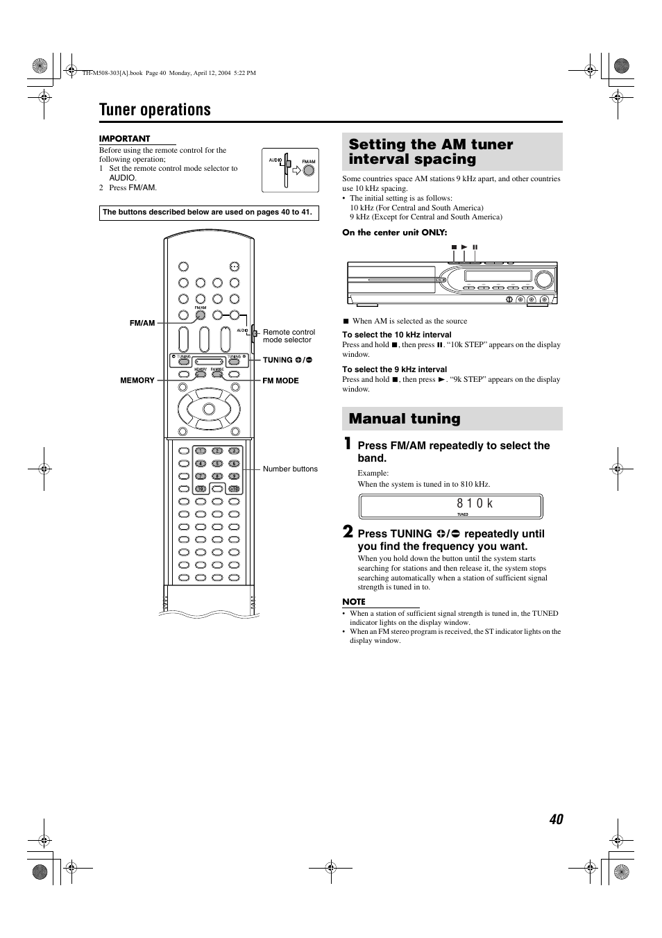 Tuner operations, 8 1 0 k | JVC TH-M508 User Manual | Page 43 / 52