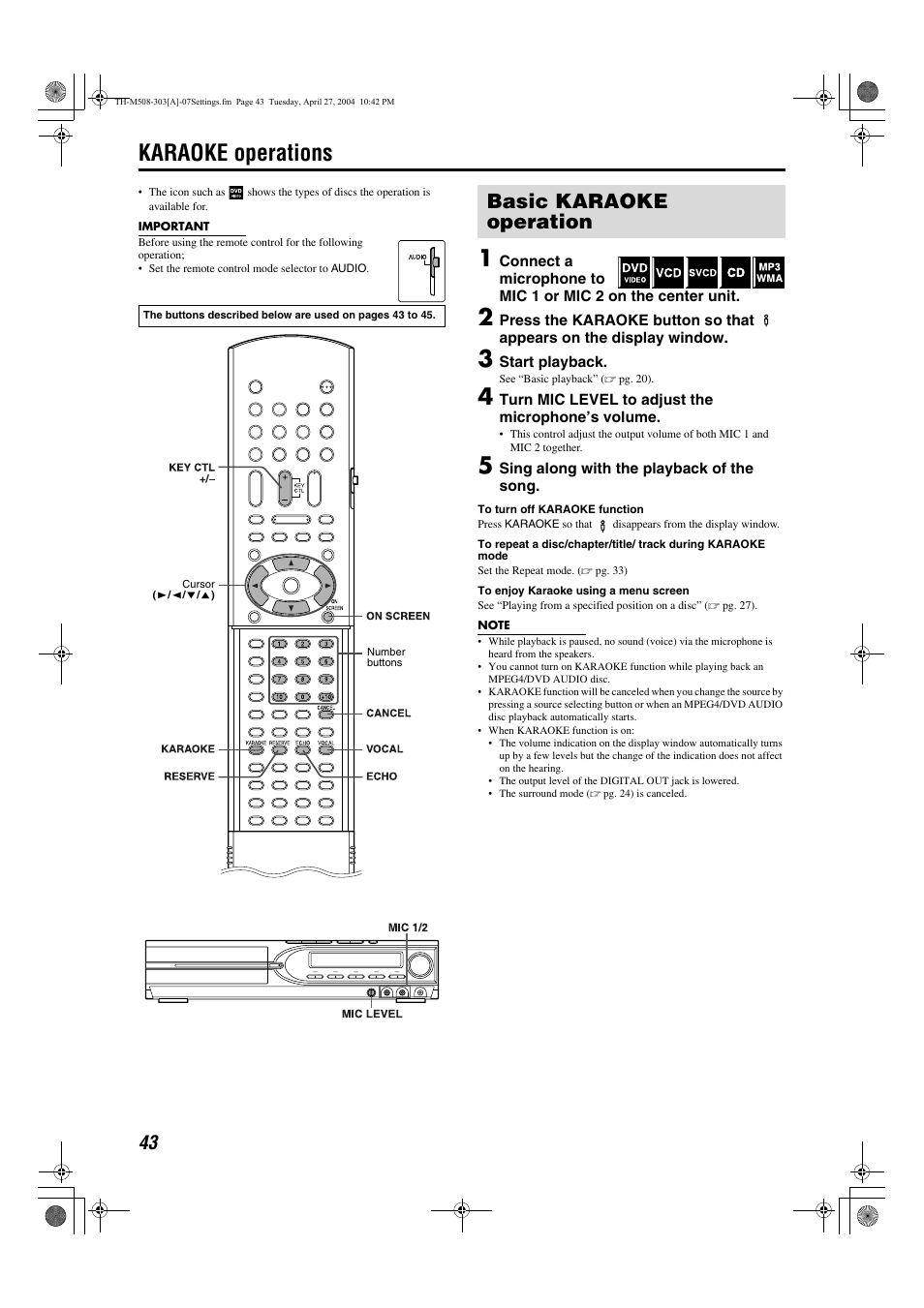 Karaoke operations, Basic karaoke operation | JVC TH-M508 User Manual | Page 46 / 52