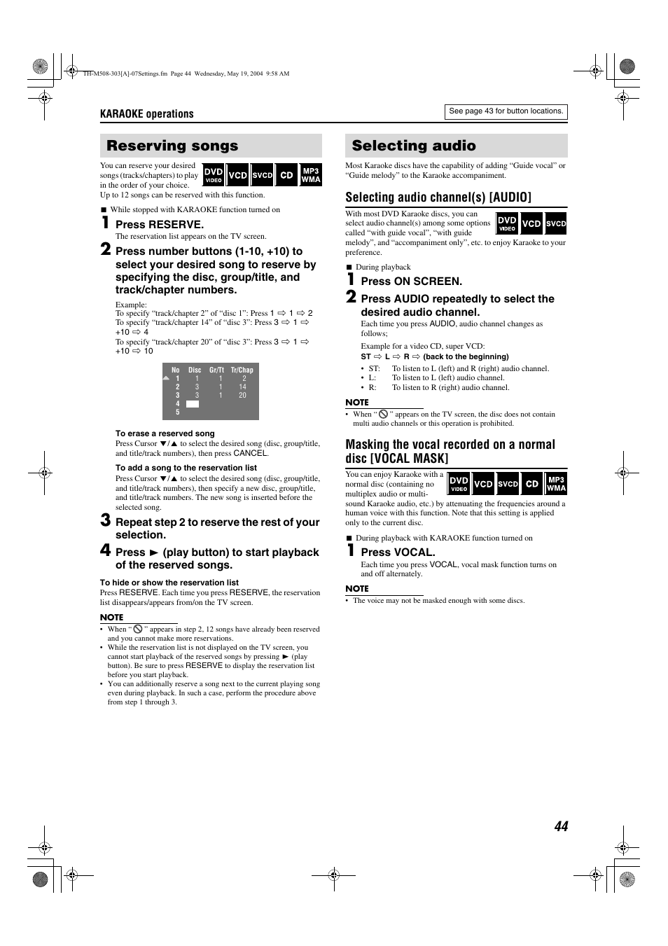 Reserving songs, Selecting audio, Selecting audio channel(s) [audio | JVC TH-M508 User Manual | Page 47 / 52