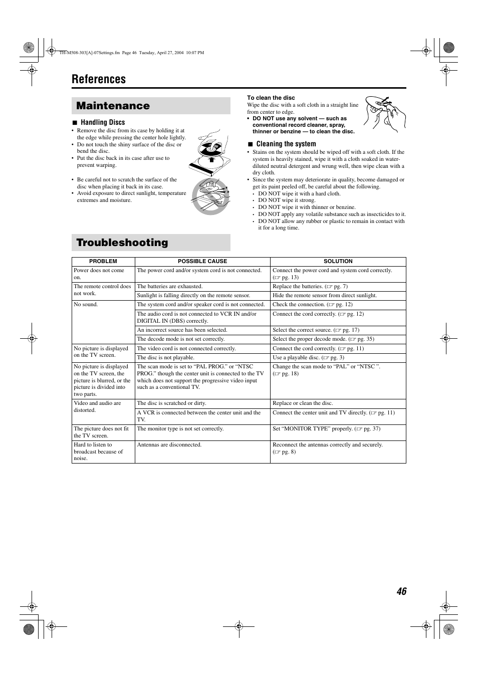 References, Maintenance troubleshooting | JVC TH-M508 User Manual | Page 49 / 52