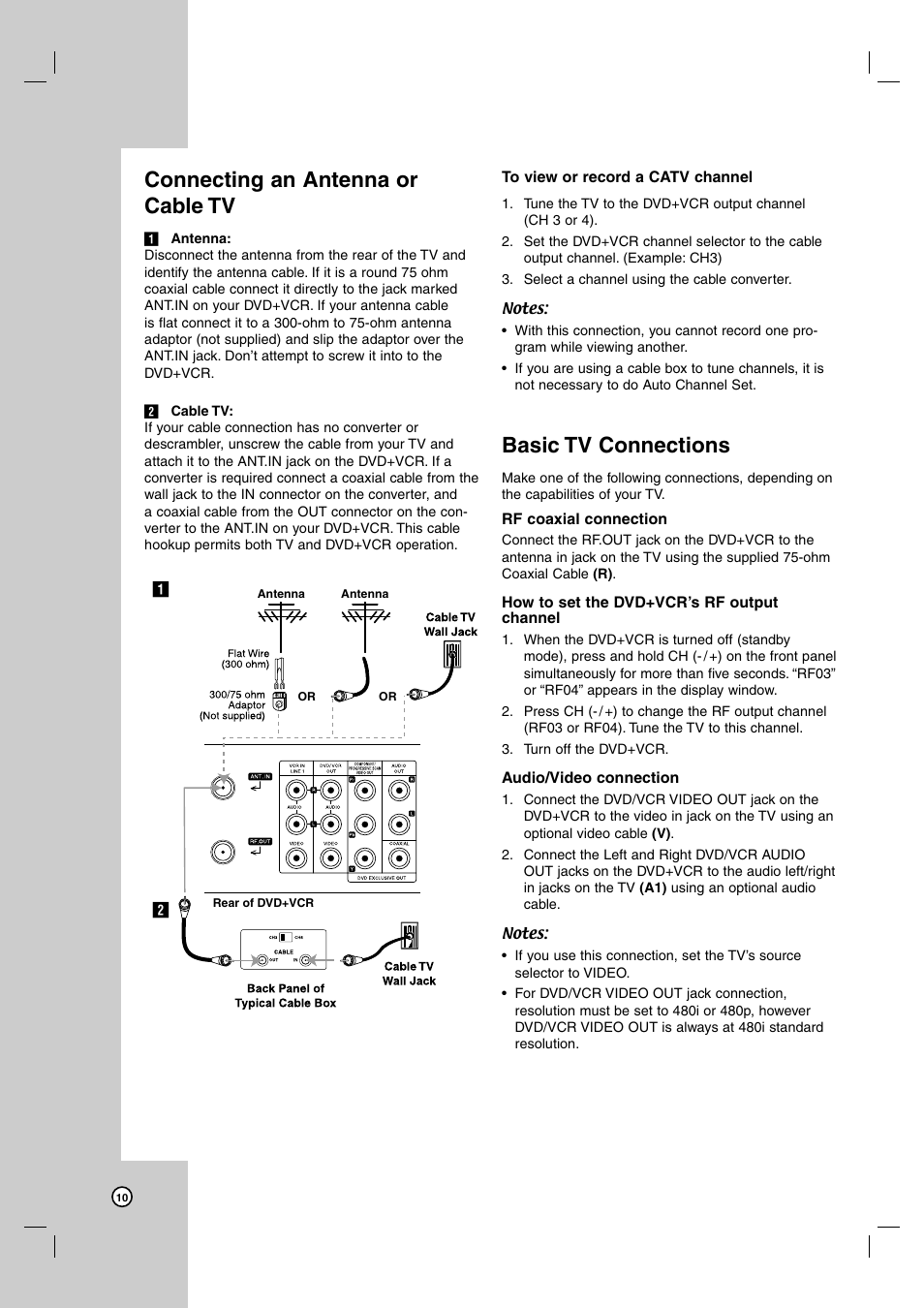 Connecting an antenna or cable tv, Basic tv connections | JVC HR-XVC39SU User Manual | Page 10 / 36