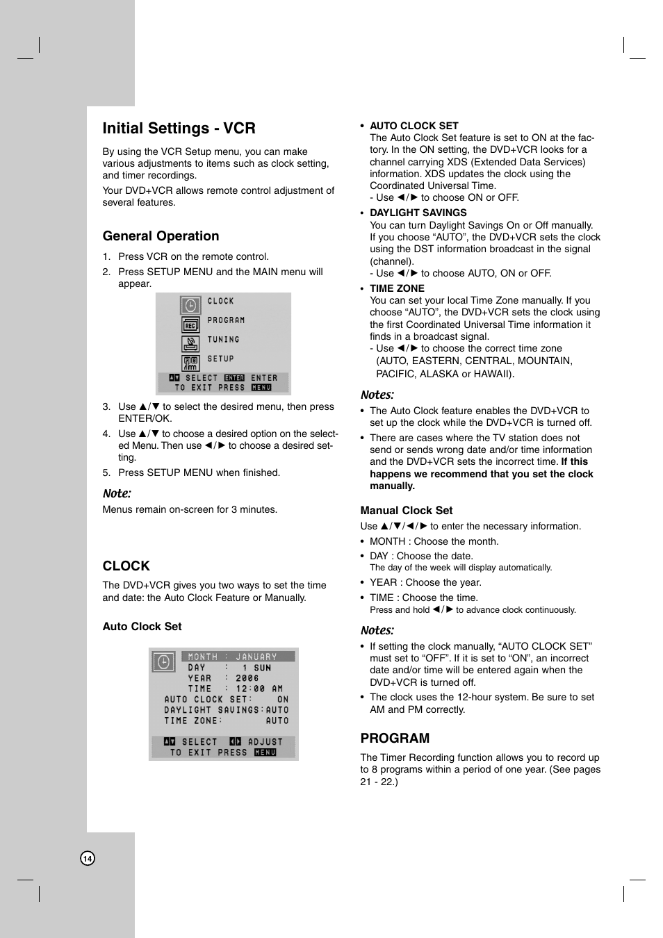Initial settings - vcr, General operation, Clock | Program | JVC HR-XVC39SU User Manual | Page 14 / 36