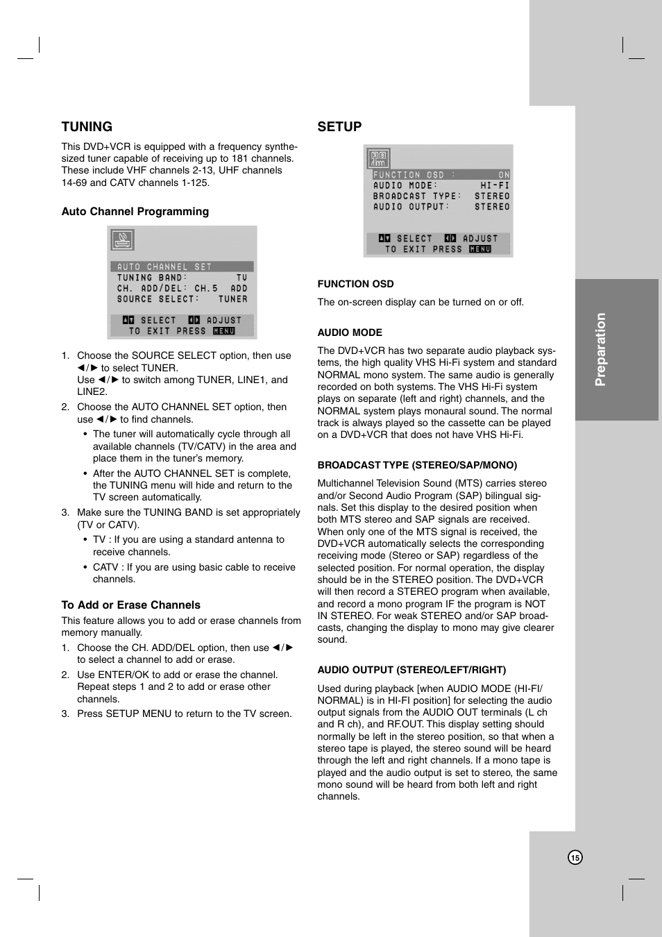 Tuning, Setup, Preparation | JVC HR-XVC39SU User Manual | Page 15 / 36