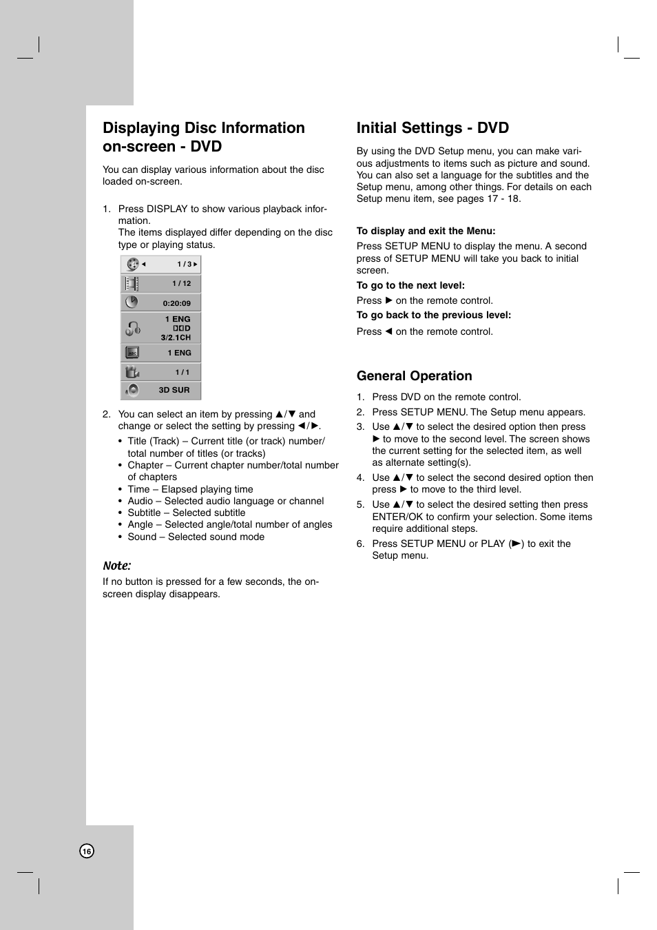 Displaying disc information on-screen - dvd, Initial settings - dvd, General operation | JVC HR-XVC39SU User Manual | Page 16 / 36