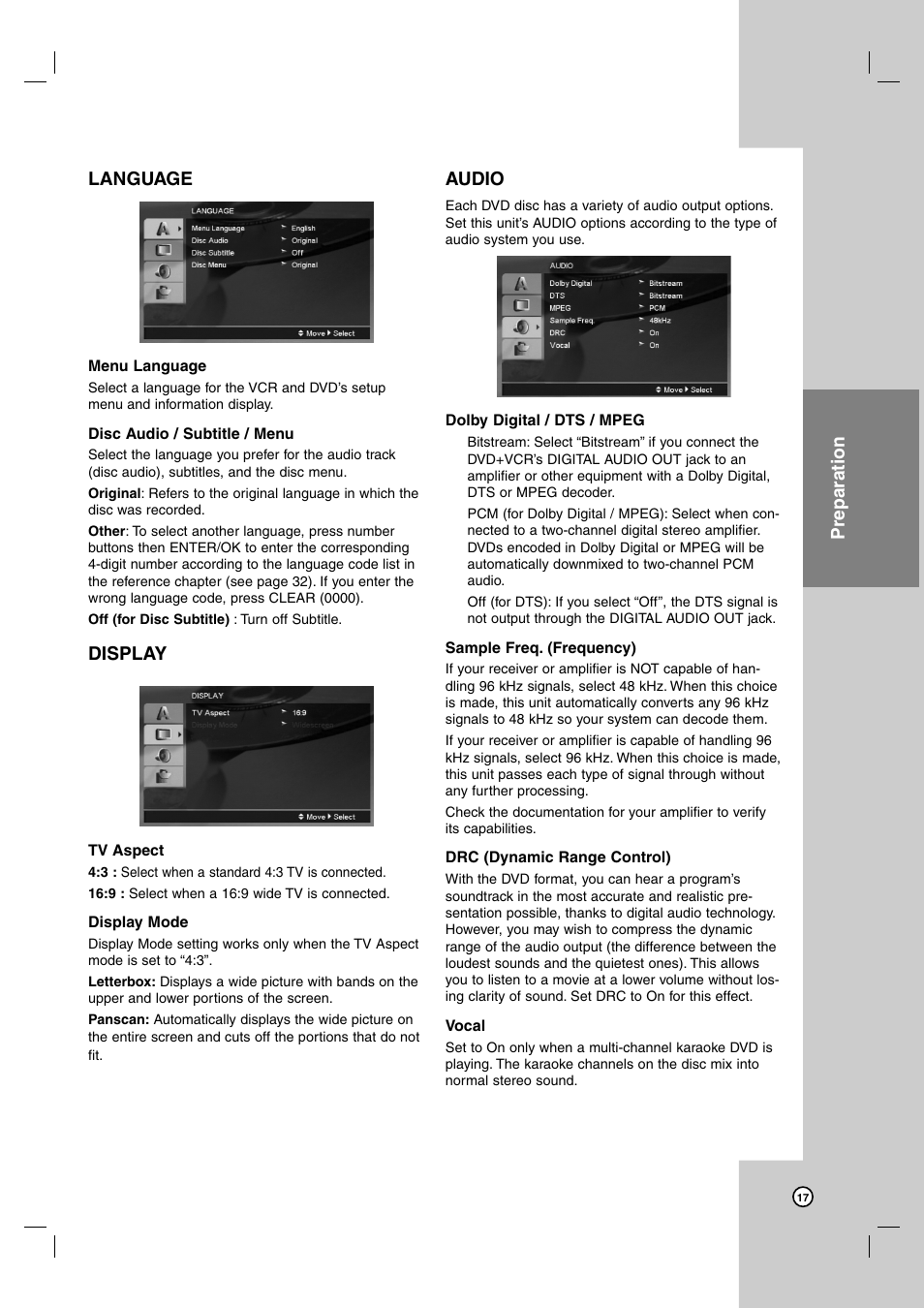 Language, Display, Audio | Preparation | JVC HR-XVC39SU User Manual | Page 17 / 36