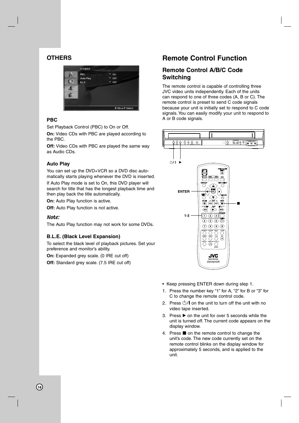 Remote control function, Others, Remote control a/b/c code switching | JVC HR-XVC39SU User Manual | Page 18 / 36
