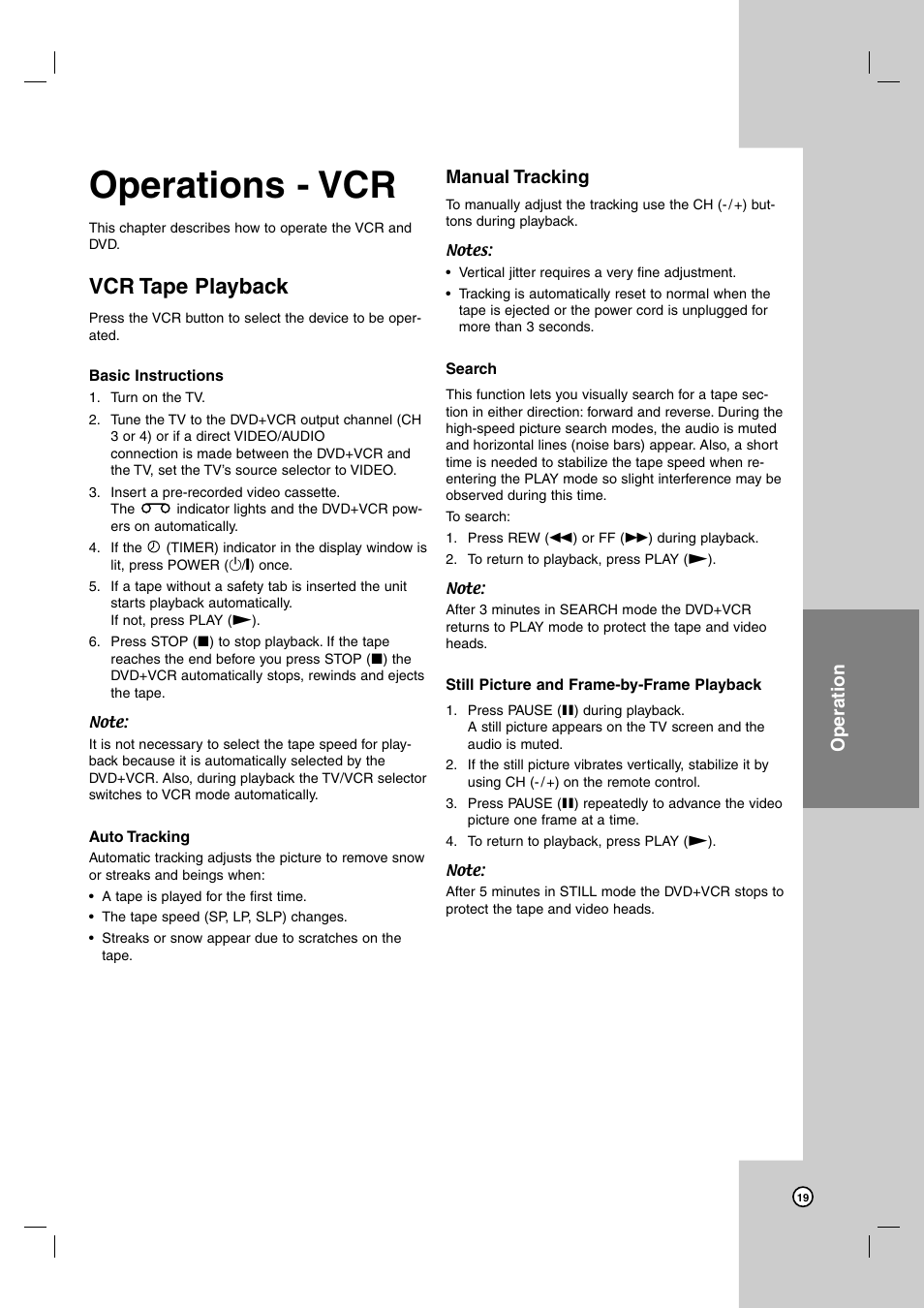 Operations - vcr, Vcr tape playback, Manual tracking | Operation | JVC HR-XVC39SU User Manual | Page 19 / 36