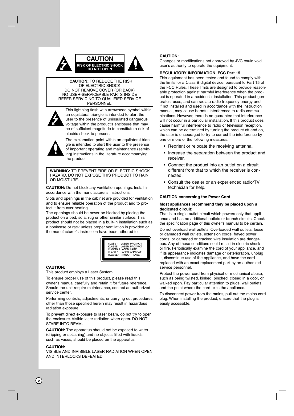 Caution | JVC HR-XVC39SU User Manual | Page 2 / 36