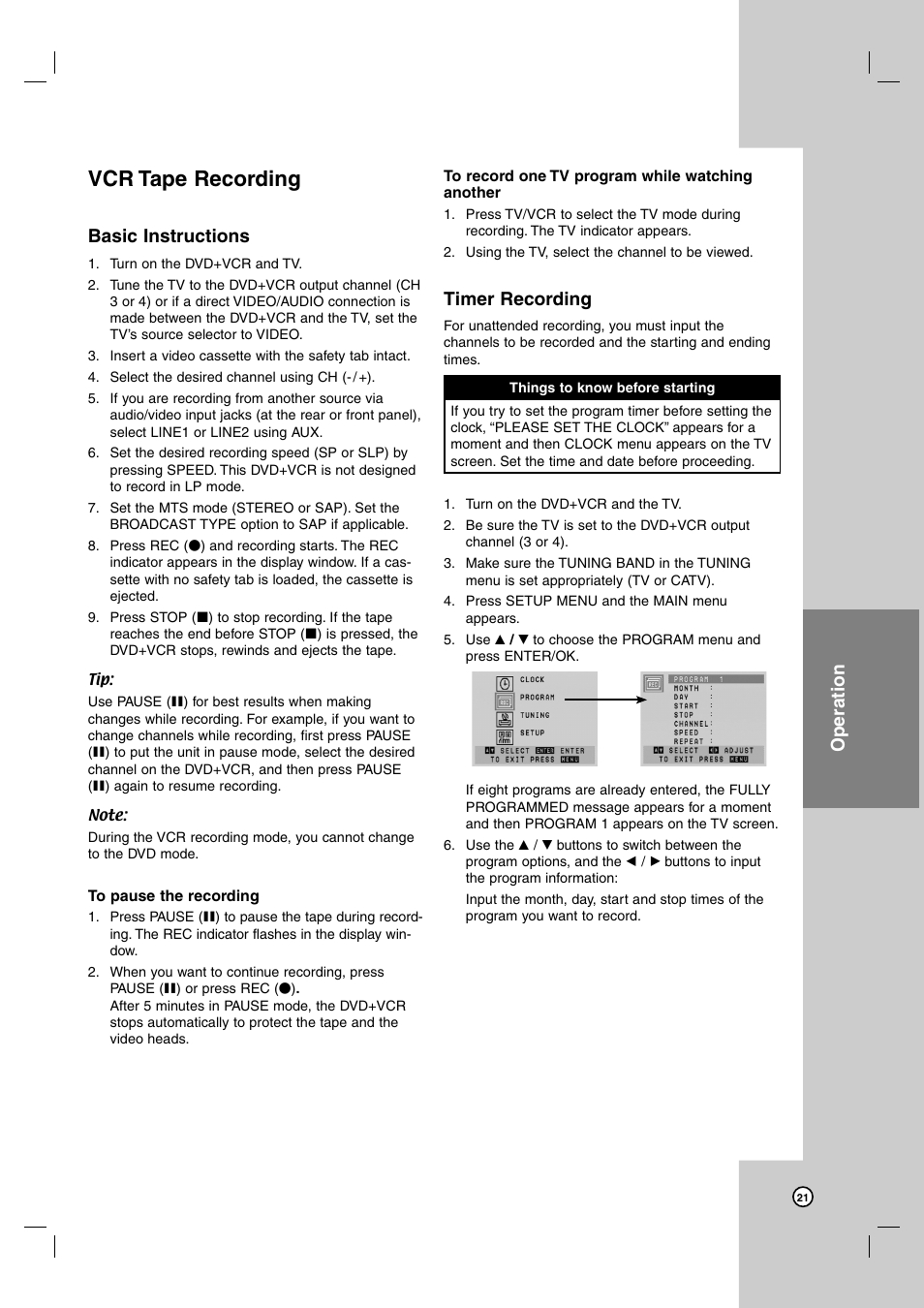 Vcr tape recording, Basic instructions, Timer recording | Operation | JVC HR-XVC39SU User Manual | Page 21 / 36